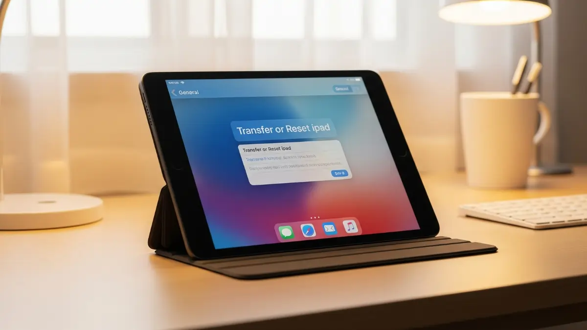 iPad on wooden desk showing Transfer or Reset iPad screen reset ipad without apple id password guide