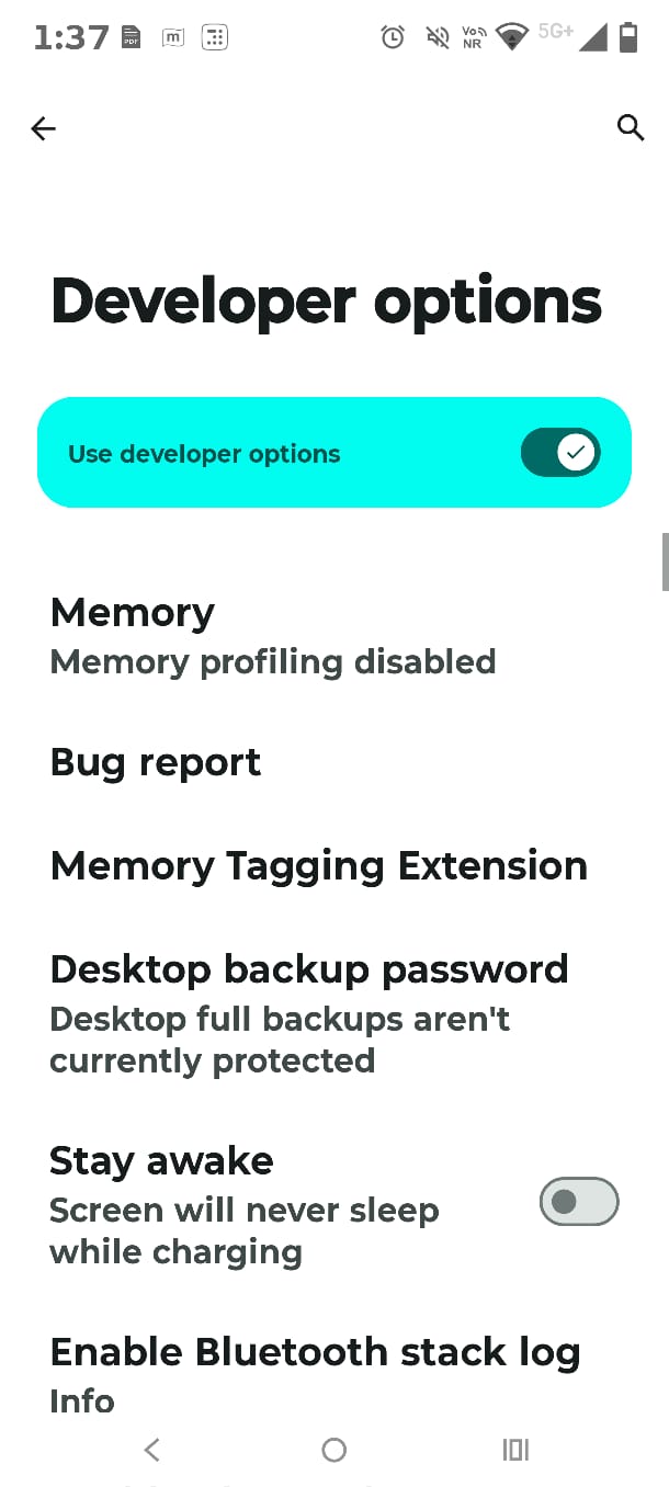 Developer options menu marked green and enabled on Android phone