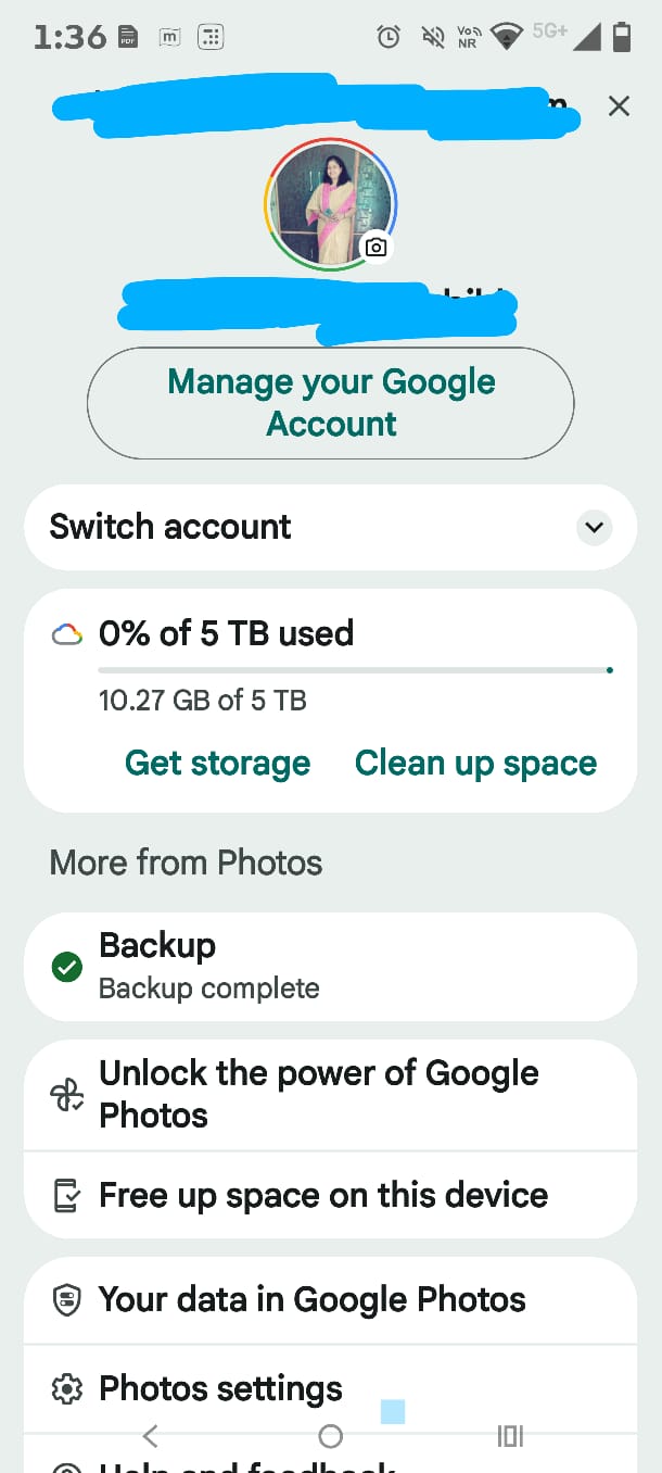 Google Photos profile menu with account sync and backup options