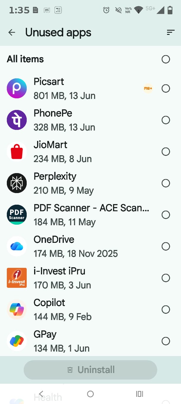 Unused apps section in Files by Google storage cleaner