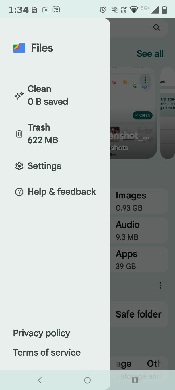 Files by Google app home screen showing clean tab
