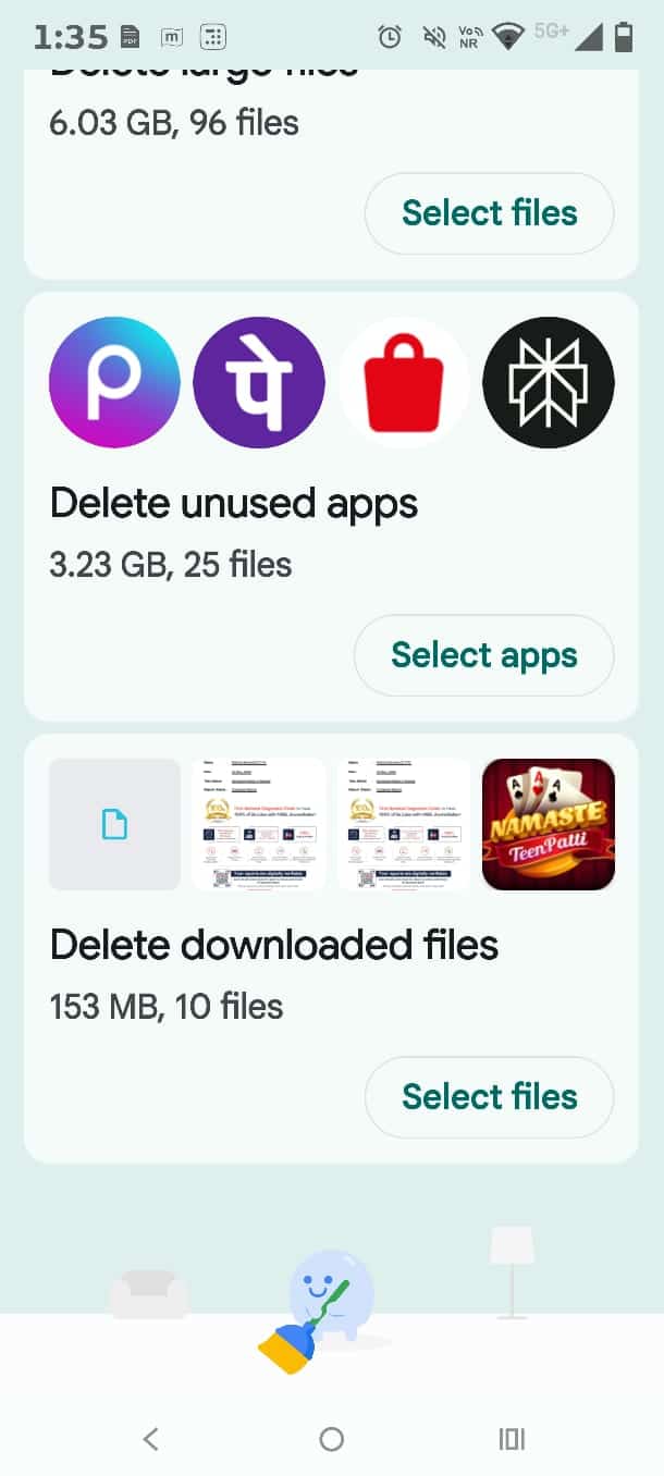 Files by Google clean utility showing temporary junk files data size