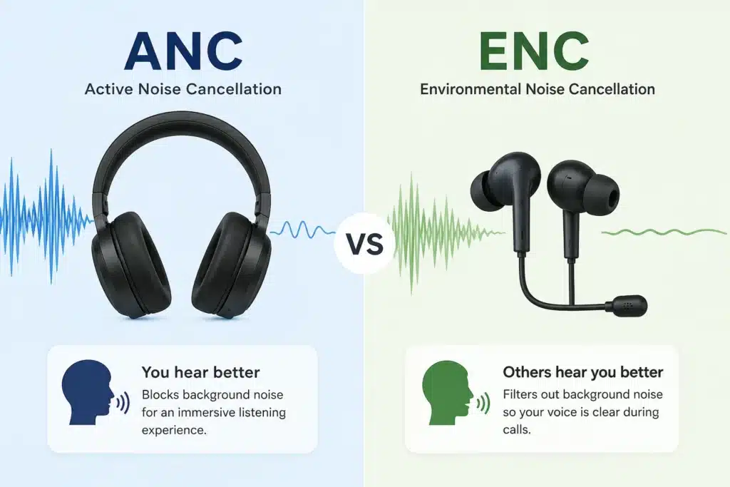 Visual comparison infographic showing the difference between ANC (Active Noise Cancellation) and ENC (Environmental Noise Cancellation) technology