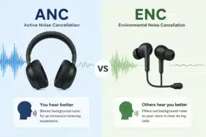 Visual comparison infographic showing the difference between ANC (Active Noise Cancellation) and ENC (Environmental Noise Cancellation) technology