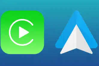 Apple CarPlay and Android Auto logos on a gradient blue background representing smartphone car integration.