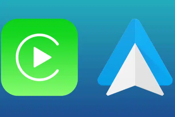 Apple CarPlay and Android Auto logos on a gradient blue background representing smartphone car integration.