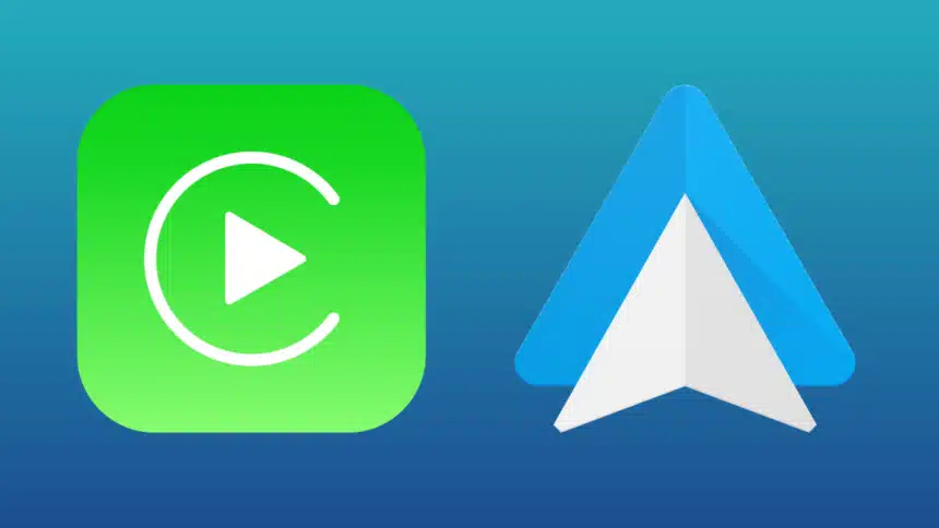 Apple CarPlay and Android Auto logos on a gradient blue background representing smartphone car integration.