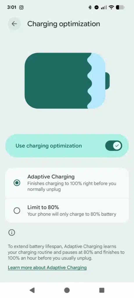 Google Pixel charging optimization settings when fast charging stops at 80%