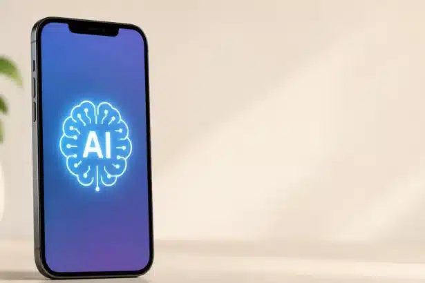 A smartphone displaying a glowing AI brain icon on its screen illustrating how AI transformed smartphones