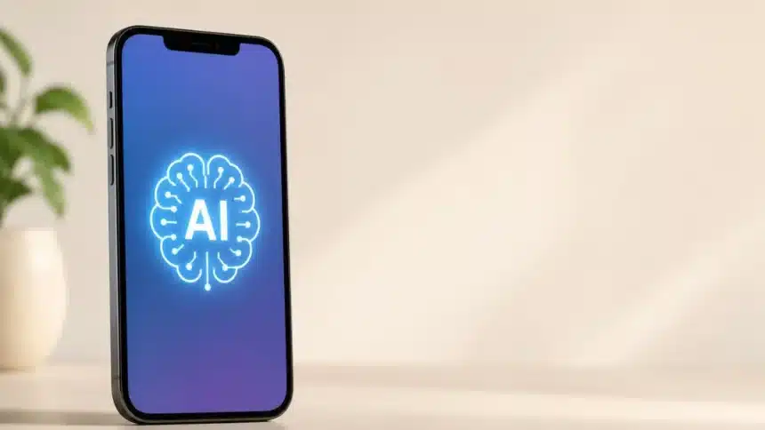A smartphone displaying a glowing AI brain icon on its screen illustrating how AI transformed smartphones