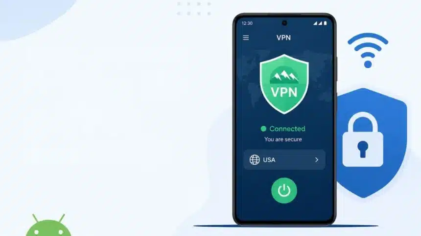 A smartphone displaying a secure VPN connection lock icon, illustrating how to set up a VPN on Android phone