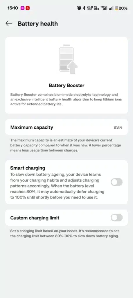 OnePlus battery health settings showing smart charging and custom charging limit