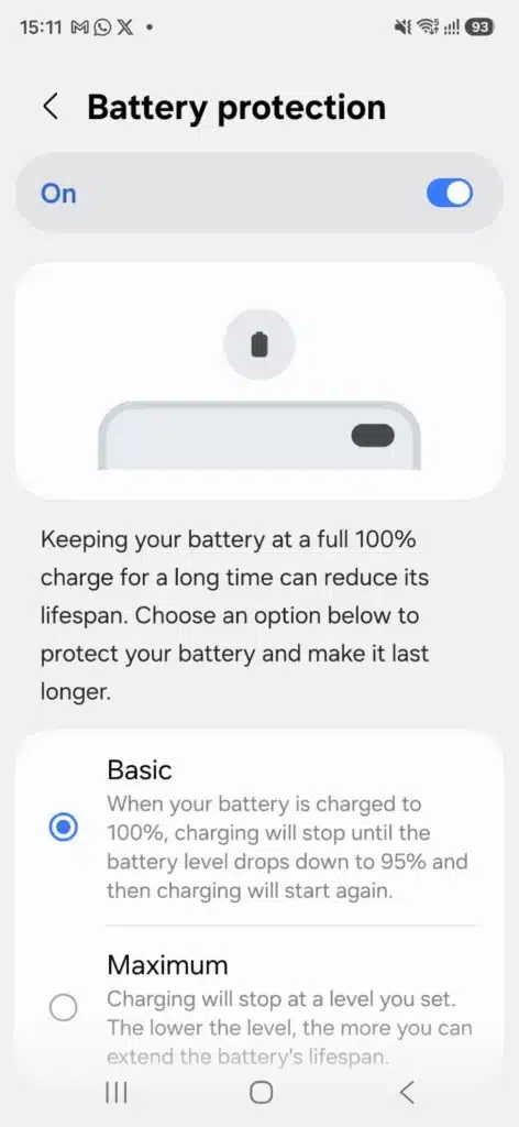 Samsung battery protection settings showing maximum 80 percent charging limit
