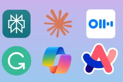 App icons of top AI apps for professionals including Claude AI, Perplexity, Otter.ai, Grammarly, Microsoft Copilot, and Arc Search