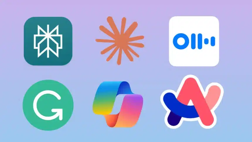 App icons of top AI apps for professionals including Claude AI, Perplexity, Otter.ai, Grammarly, Microsoft Copilot, and Arc Search