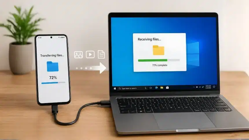 A complete guide on how to transfer large files from Android to Windows PC using USB, Quick Share, Google Drive, and local FTP with full original resolution.