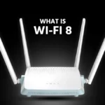 A white modern Wi-Fi 8 router with four antennas and What Is Wi-Fi 8 text background
