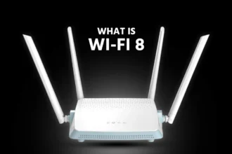 A white modern Wi-Fi 8 router with four antennas and What Is Wi-Fi 8 text background