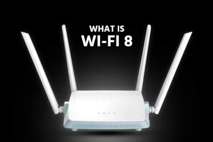 A white modern Wi-Fi 8 router with four antennas and What Is Wi-Fi 8 text background