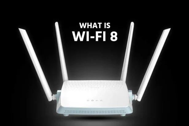 A white modern Wi-Fi 8 router with four antennas and What Is Wi-Fi 8 text background