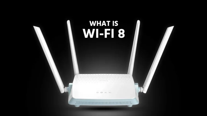 A white modern Wi-Fi 8 router with four antennas and What Is Wi-Fi 8 text background