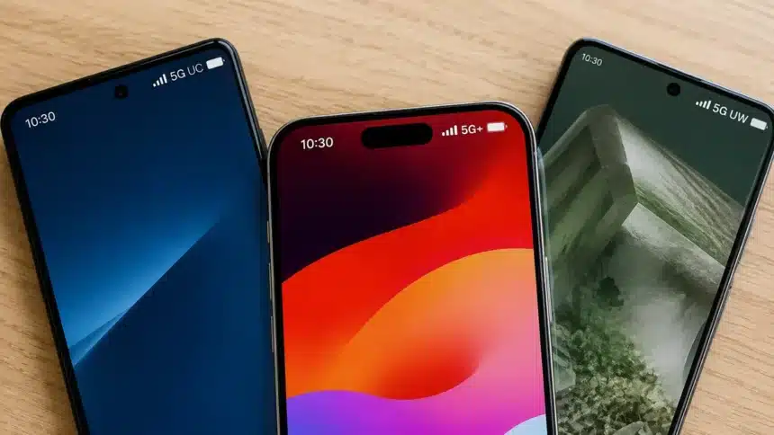 Smartphones showing 5G UC, 5G+ and 5G UW network icons