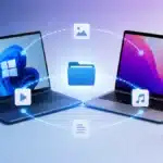 Illustration showing AirDrop alternatives in 2026, including file sharing between iPhone, Android, Windows, and Mac devices.