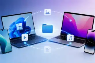 Illustration showing AirDrop alternatives in 2026, including file sharing between iPhone, Android, Windows, and Mac devices.