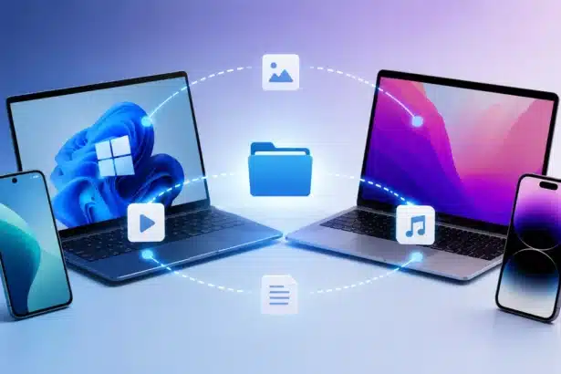 Illustration showing AirDrop alternatives in 2026, including file sharing between iPhone, Android, Windows, and Mac devices.