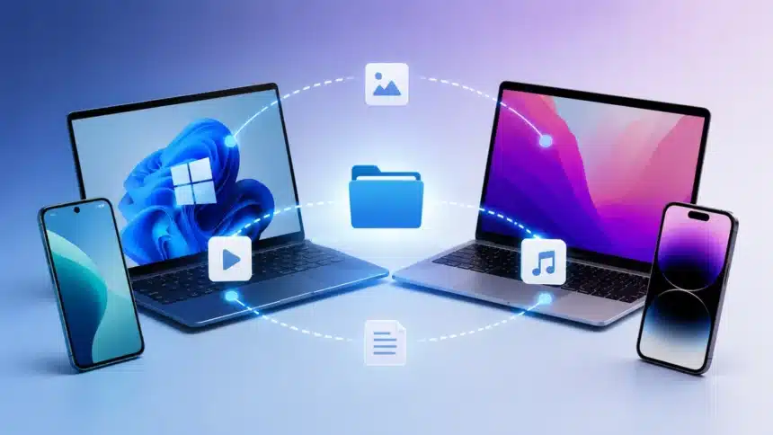 Illustration showing AirDrop alternatives in 2026, including file sharing between iPhone, Android, Windows, and Mac devices.