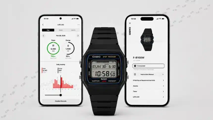 Casio F-B100W step tracker watch with smartphone activity tracking app