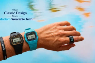 Casio Smart Ring CRW-H001 alongside the ABL-100WE retro fitness watch featuring health tracking, Bluetooth connectivity, and classic digital design.