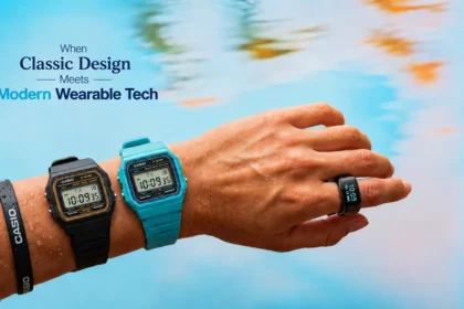Casio Smart Ring CRW-H001 alongside the ABL-100WE retro fitness watch featuring health tracking, Bluetooth connectivity, and classic digital design.