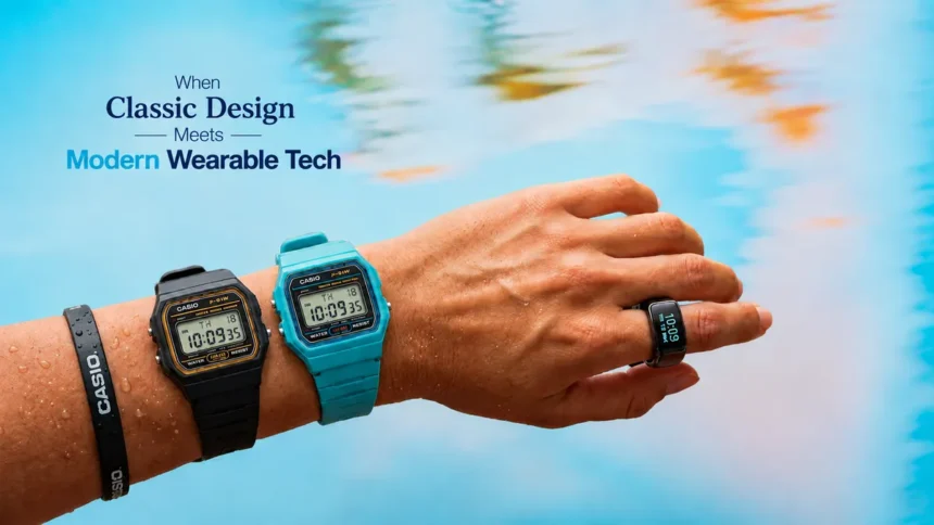 Casio Smart Ring CRW-H001 alongside the ABL-100WE retro fitness watch featuring health tracking, Bluetooth connectivity, and classic digital design.