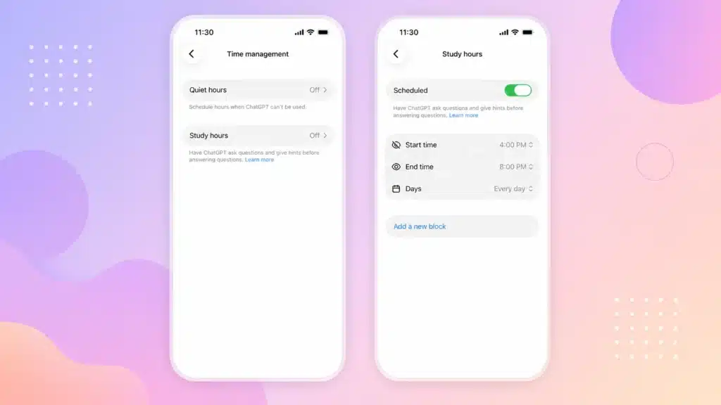 ChatGPT for Teens Study Hours and Quiet Hours settings