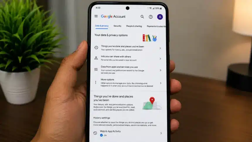 Google Account privacy settings and Data & Privacy options on smartphone