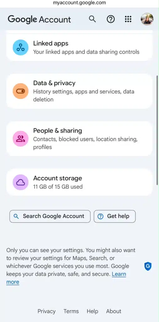 Google Account Privacy Settings Screenshot