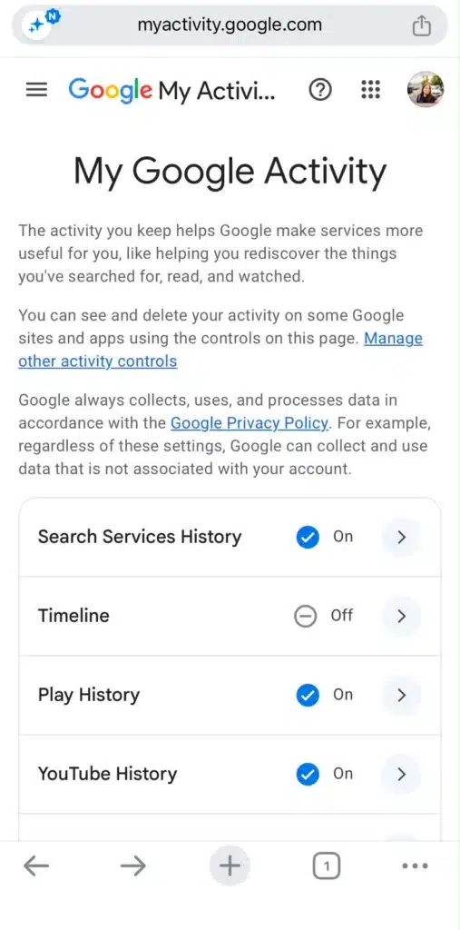 Google Account Privacy Settings Screenshot