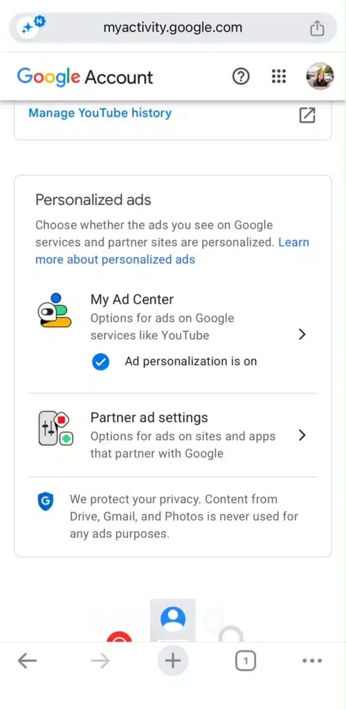 Google Account Privacy Settings Screenshot