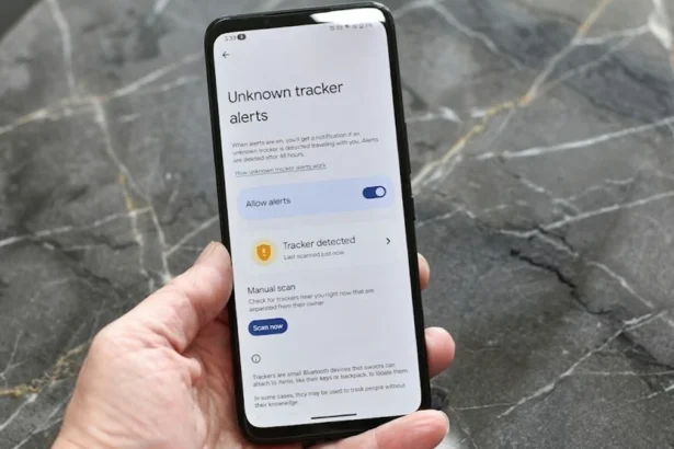 Illustration showing a smartphone security audit with hidden software trackers, Bluetooth trackers, location tracking, and privacy settings on iPhone and Android devices.