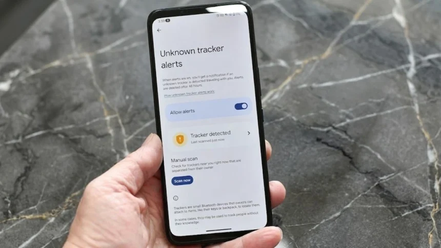 Illustration showing a smartphone security audit with hidden software trackers, Bluetooth trackers, location tracking, and privacy settings on iPhone and Android devices.