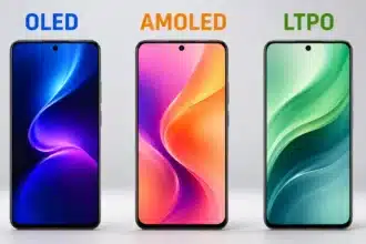 OLED vs AMOLED vs LTPO comparison showing three smartphone displays representing OLED, AMOLED, and LTPO display technologies.