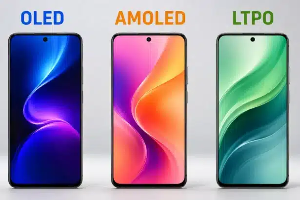 OLED vs AMOLED vs LTPO comparison showing three smartphone displays representing OLED, AMOLED, and LTPO display technologies.