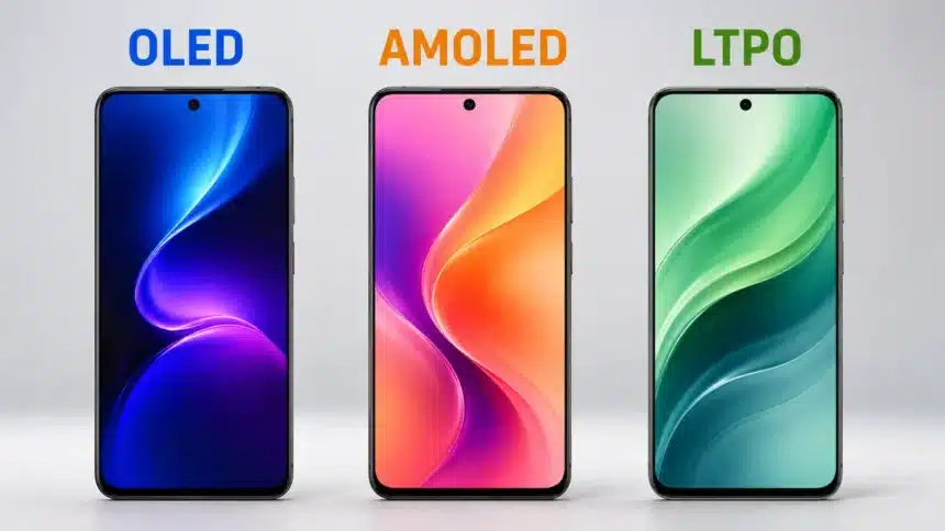 OLED vs AMOLED vs LTPO comparison showing three smartphone displays representing OLED, AMOLED, and LTPO display technologies.