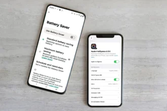 On-device AI battery saving settings displayed on iPhone and Android smartphones.