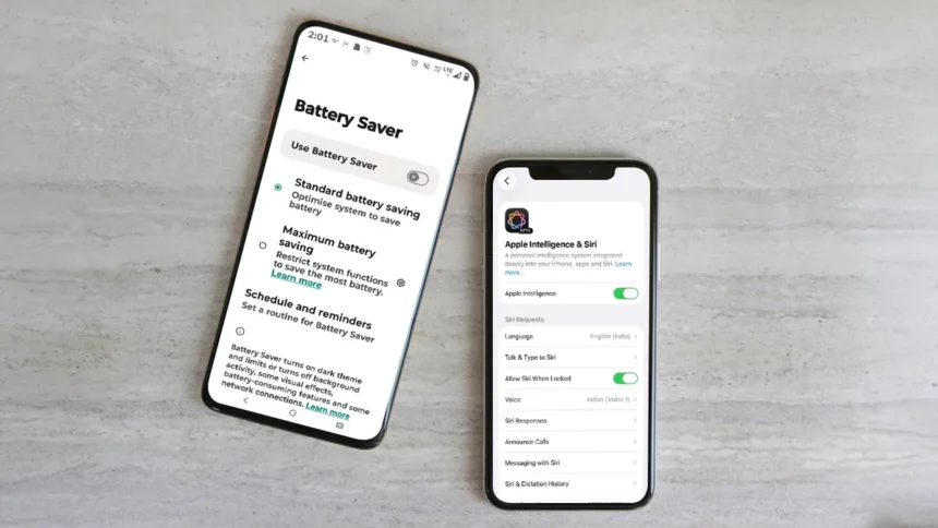 On-device AI battery saving settings displayed on iPhone and Android smartphones.