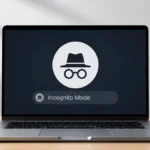 Laptop displaying a private browsing or incognito mode icon, representing secure and private web browsing without saving local browsing history. - Devicology.com