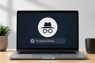 Laptop displaying a private browsing or incognito mode icon, representing secure and private web browsing without saving local browsing history. - Devicology.com