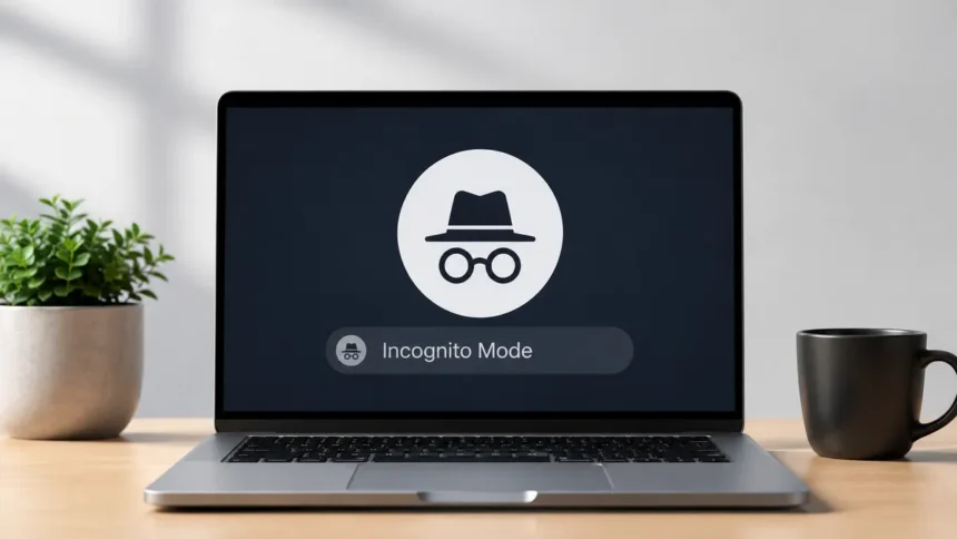 Laptop displaying a private browsing or incognito mode icon, representing secure and private web browsing without saving local browsing history. - Devicology.com