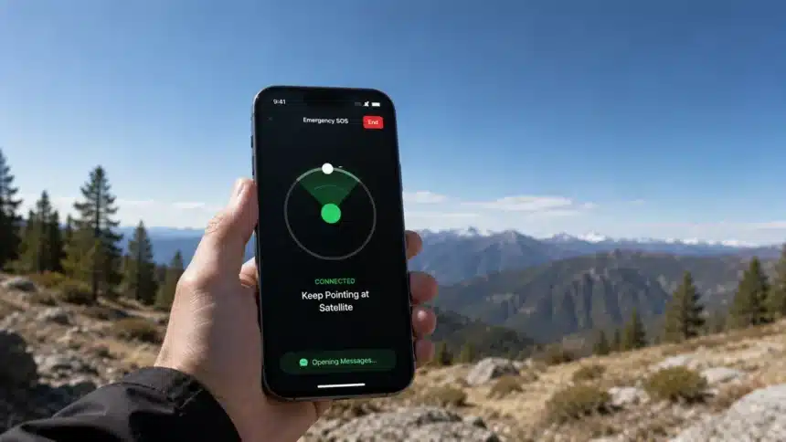 Smartphone using Satellite SOS to connect to emergency services in a remote area